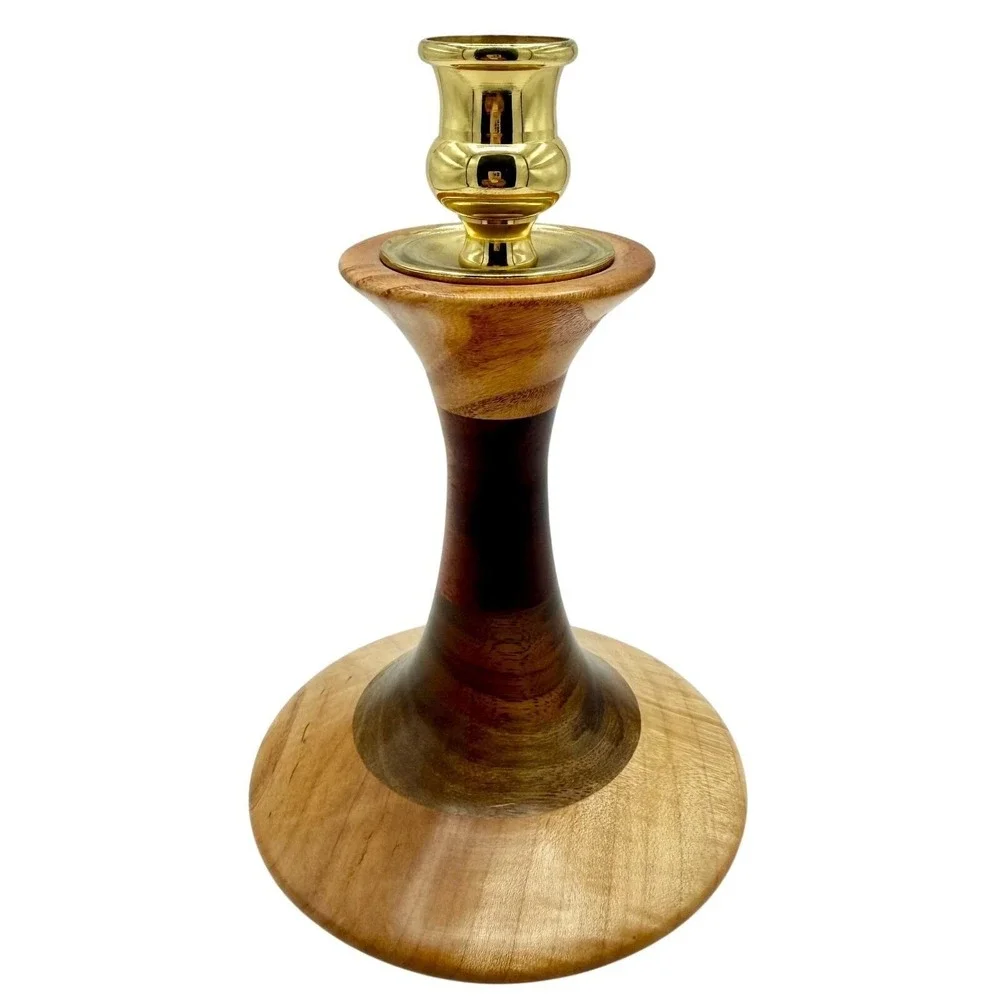 Turned Wood Brass Candlestick The Final Turn Artisan Signed Adirondack NY ~ 7